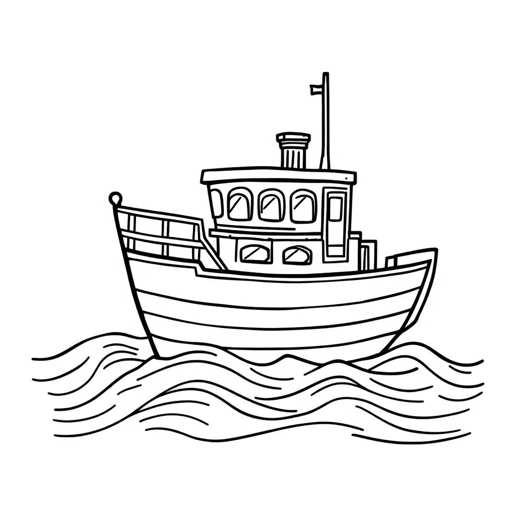 Desenho de navio infantil no mar para colorir na atividade da letra N