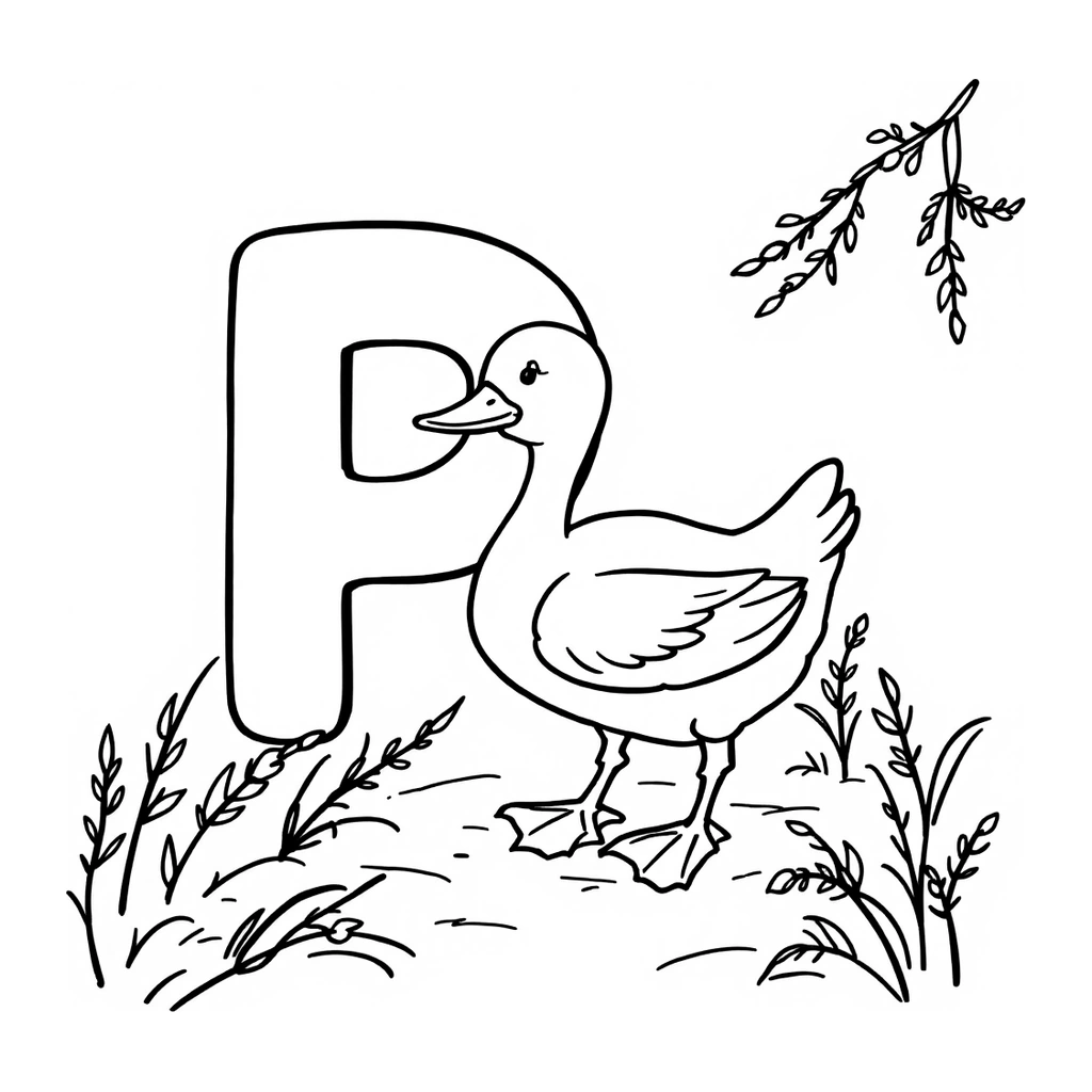 Desenho de pato infantil na lagoa para colorir na atividade da letra P