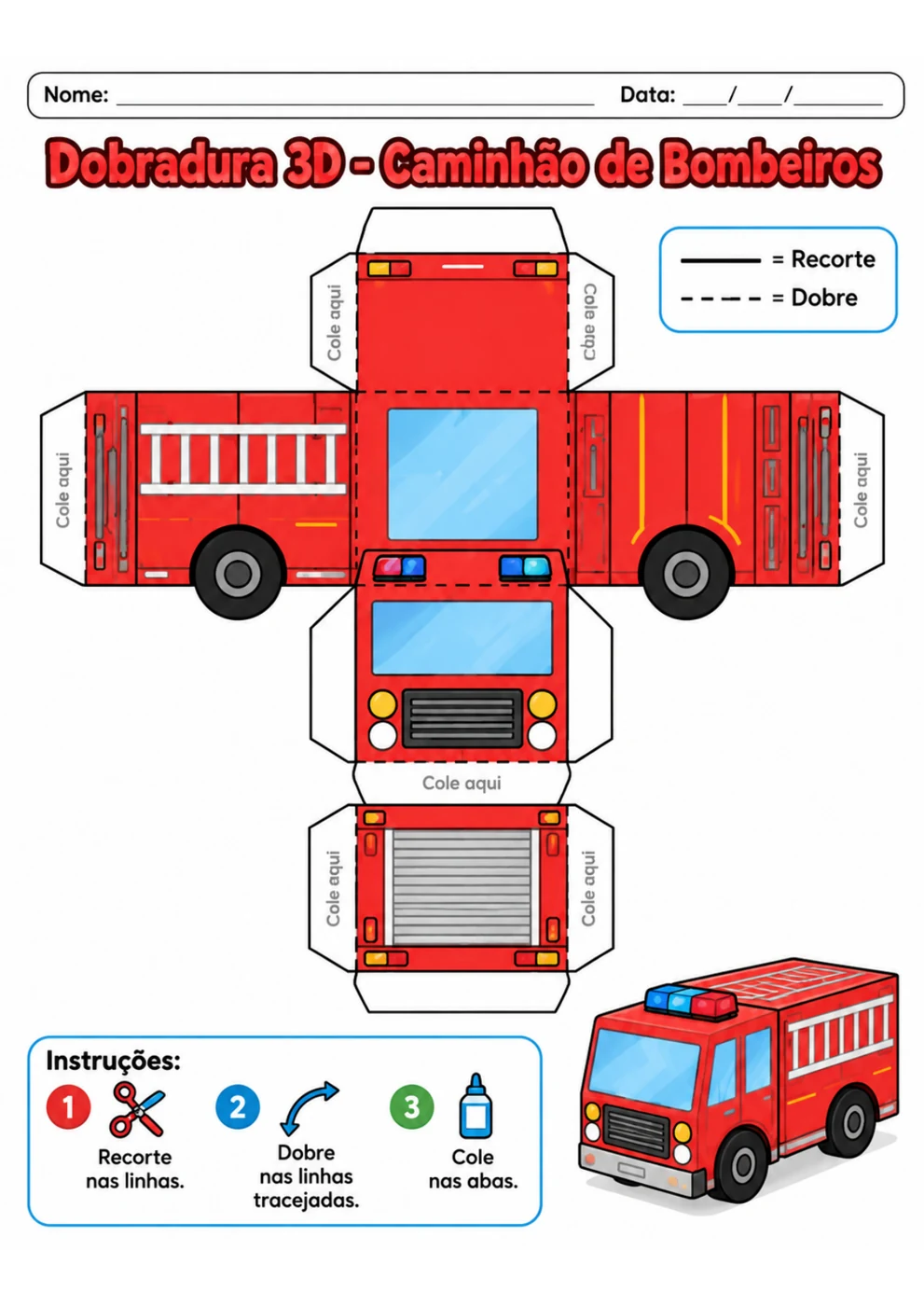Caminhão de Bombeiros 3D para imprimir, recortar e montar