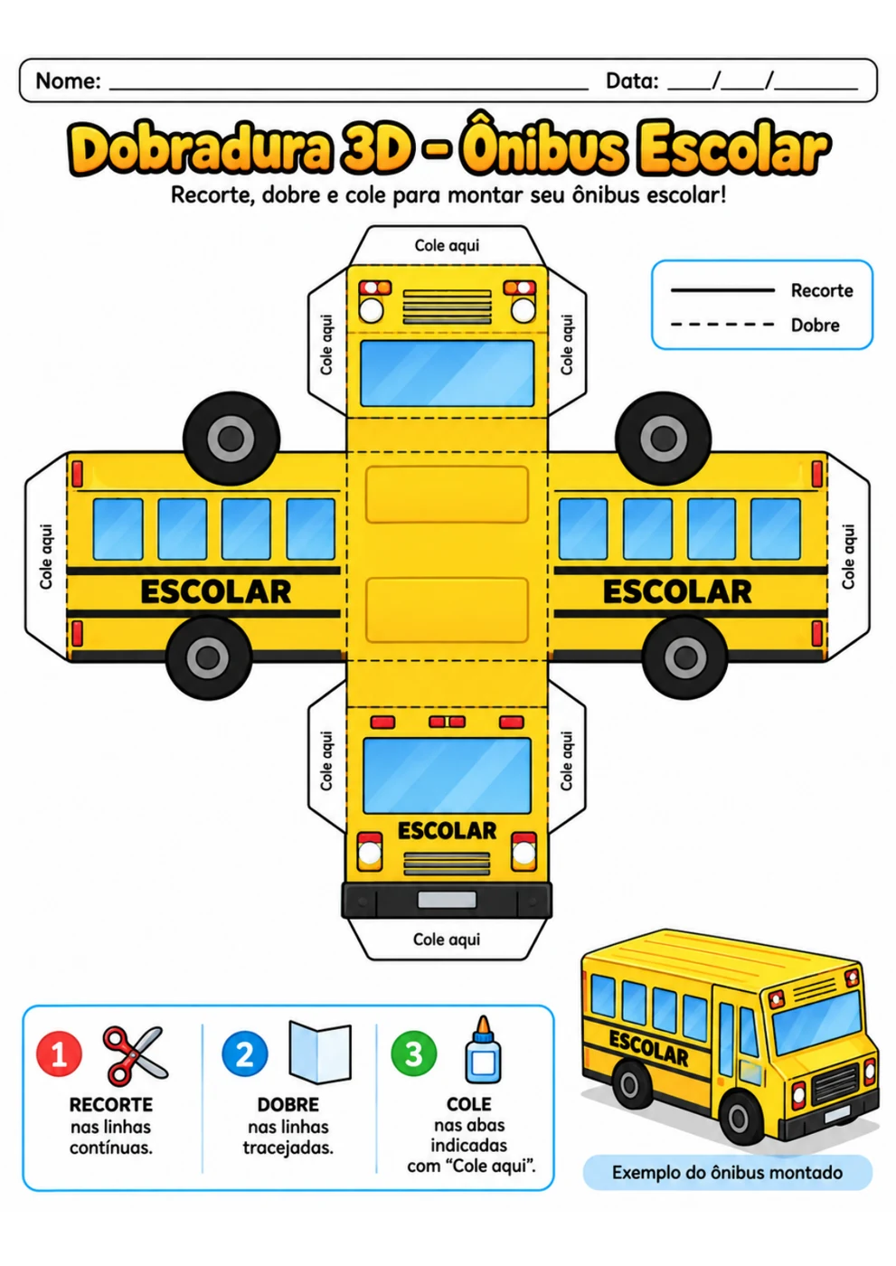 Ônibus Escolar 3D para imprimir, recortar e montar