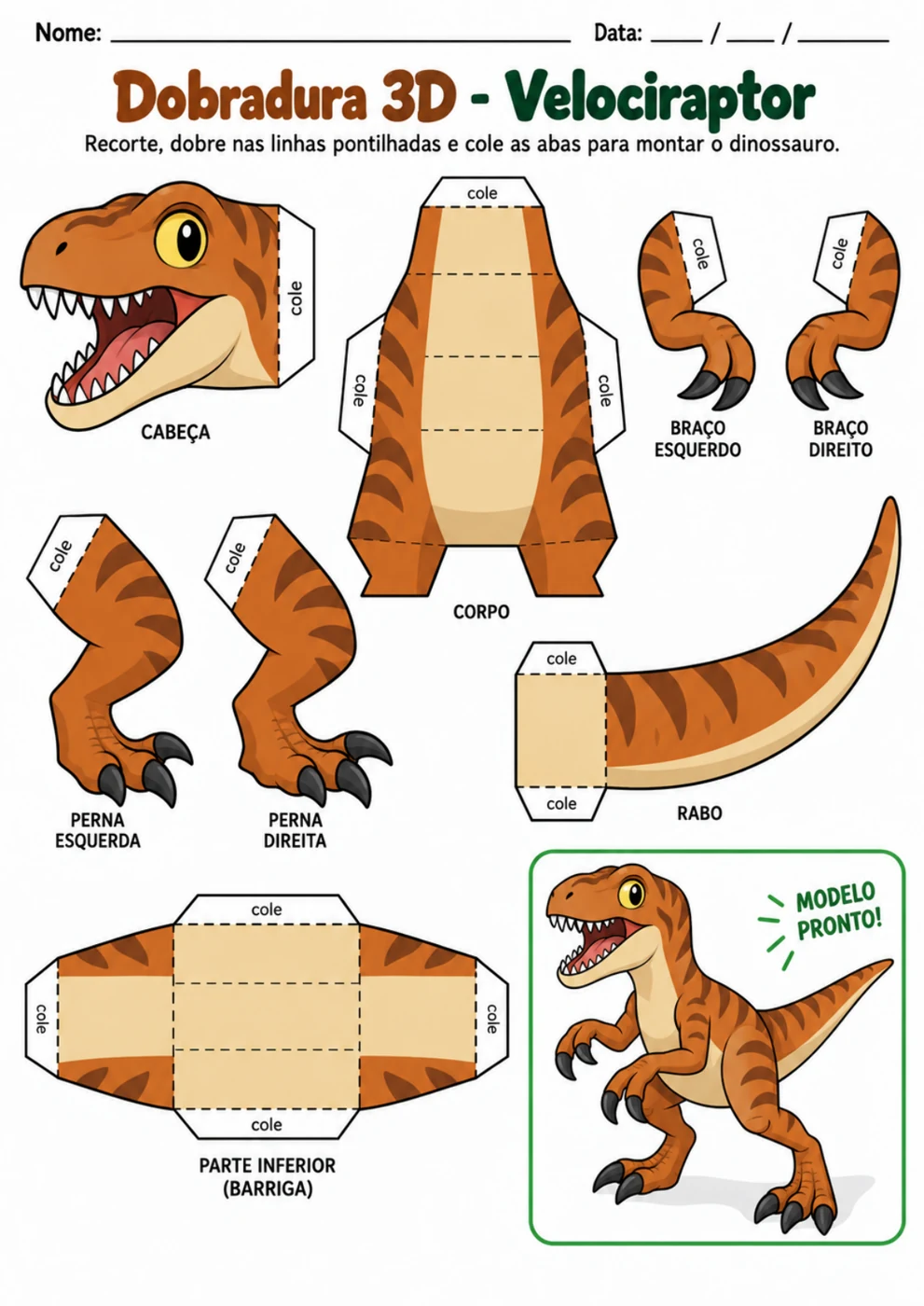 Velociraptor 3D para imprimir, recortar e montar