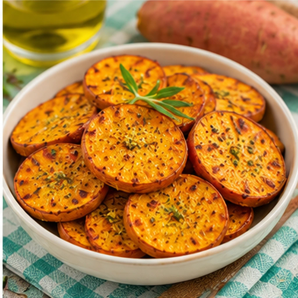 Rodelas douradas de batata-doce assada com ervas