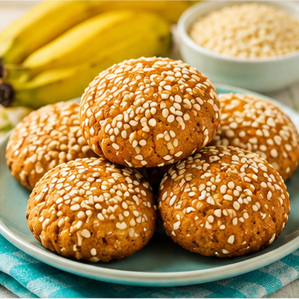 Bolinhos dourados de banana com sementes de gergelim