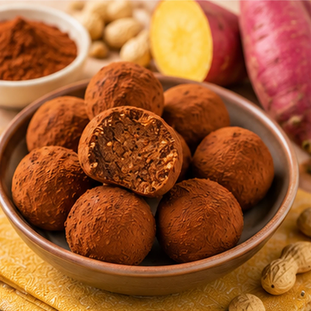 Brigadeiros de batata-doce e cacau servidos em prato