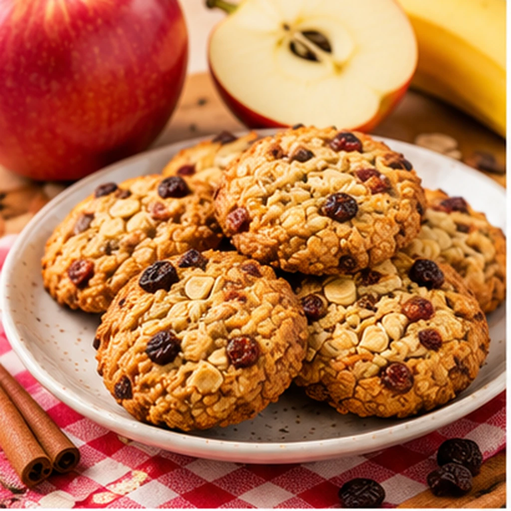 Cookies de maçã banana e aveia servidos em prato colorido