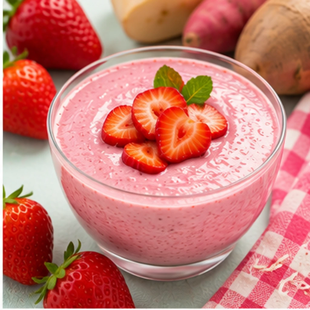 Creme rosa de inhame com morango servido em potinho