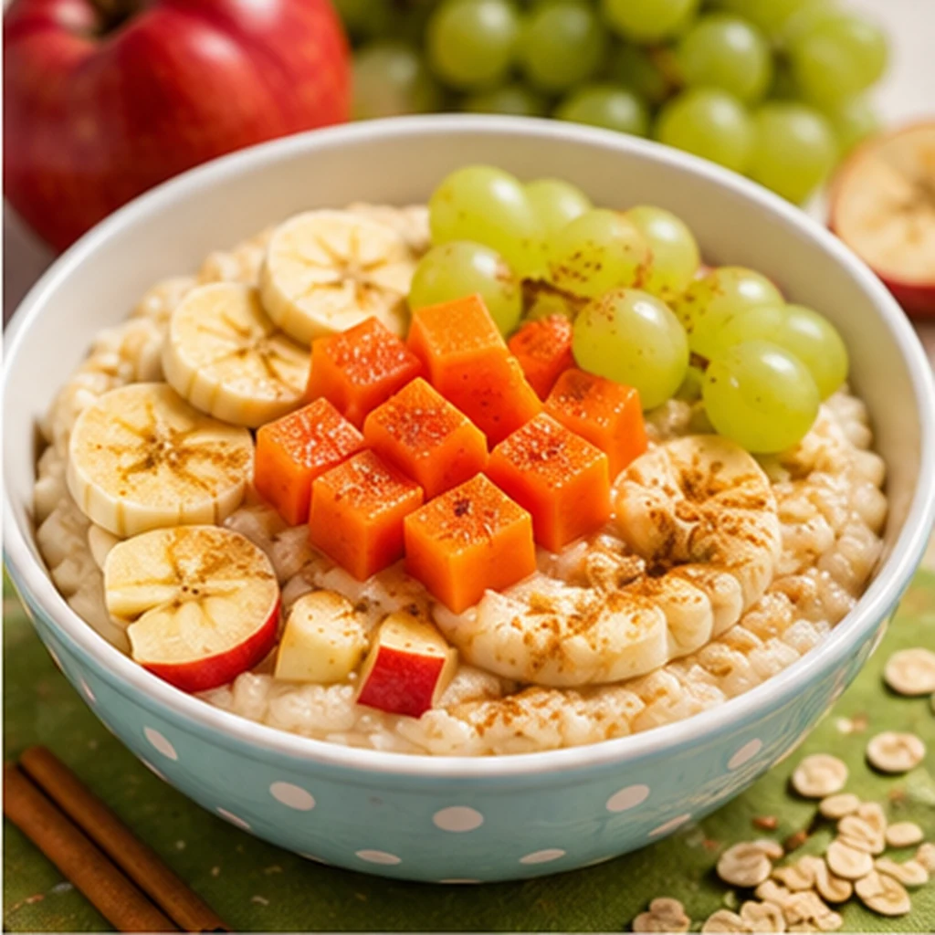 Mingau de aveia com banana e frutas coloridas em uma tigela