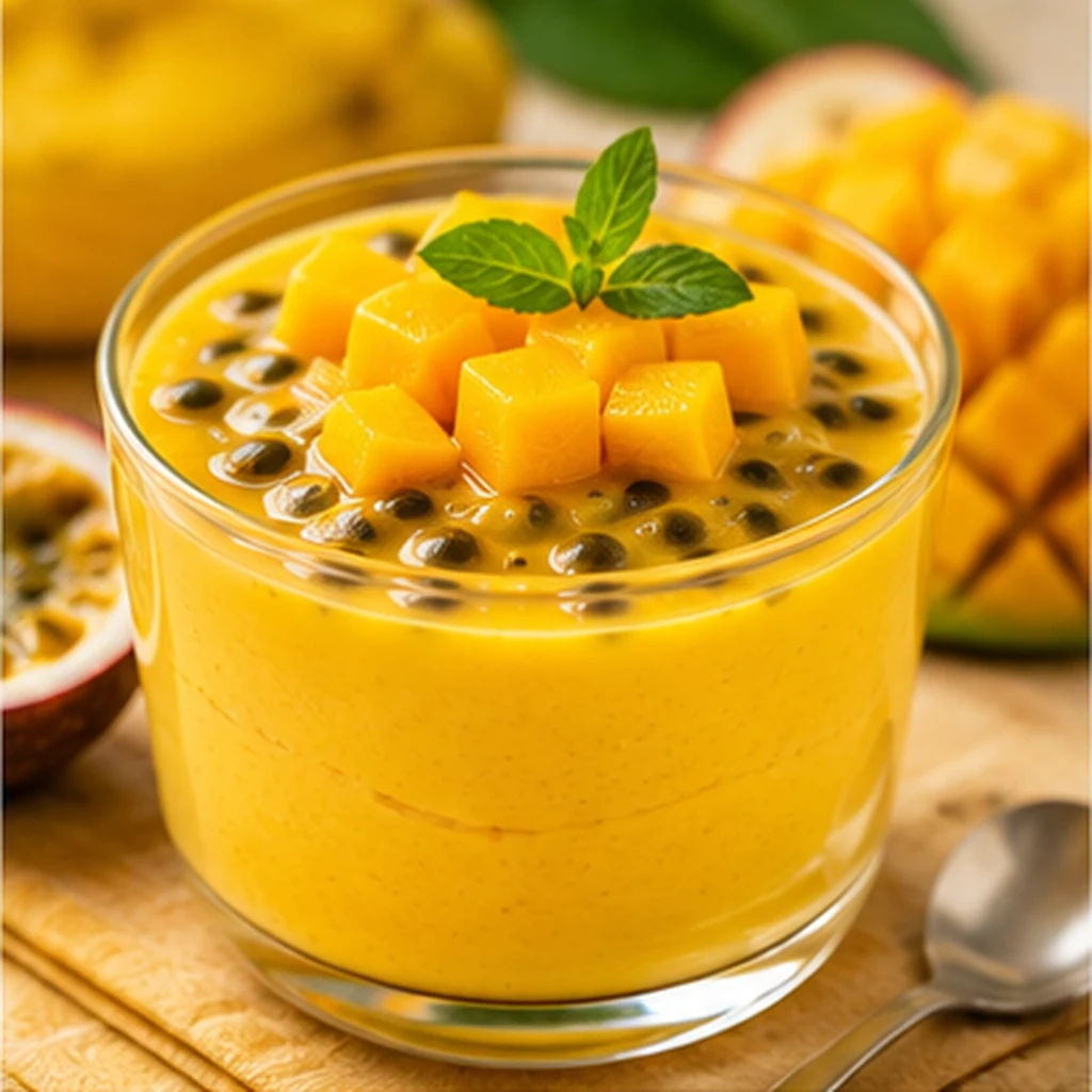 Mousse amarelo de manga com maracujá servido em copo transparente