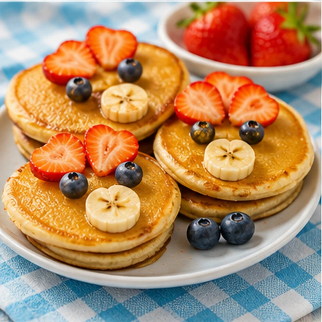 Mini panquecas de banana e aveia decoradas com frutas
