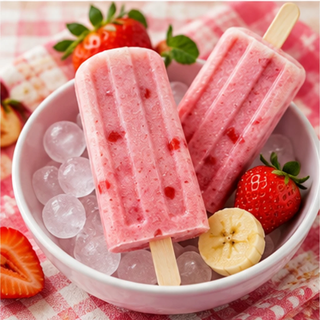 Picolés cor-de-rosa de banana e morango com frutas ao redor
