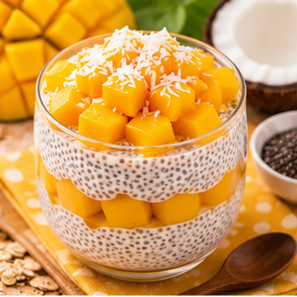 Pudim de chia com manga em cubos servido em taça transparente